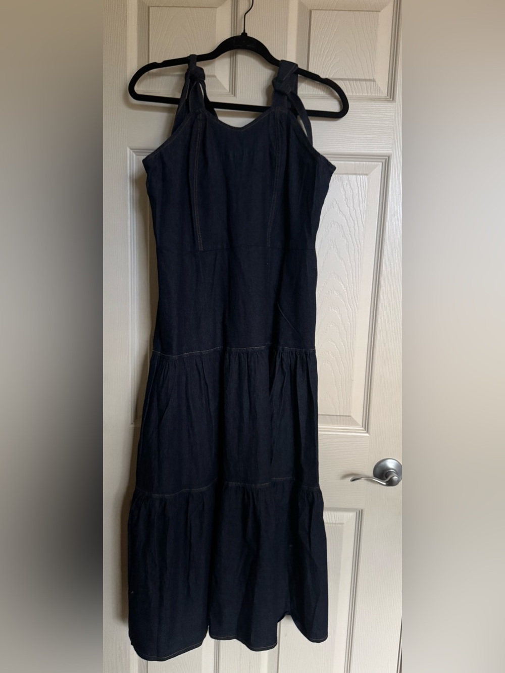 Dark Blue Denim Maxi Dress with Contrast Stitching , Multiple Sizes